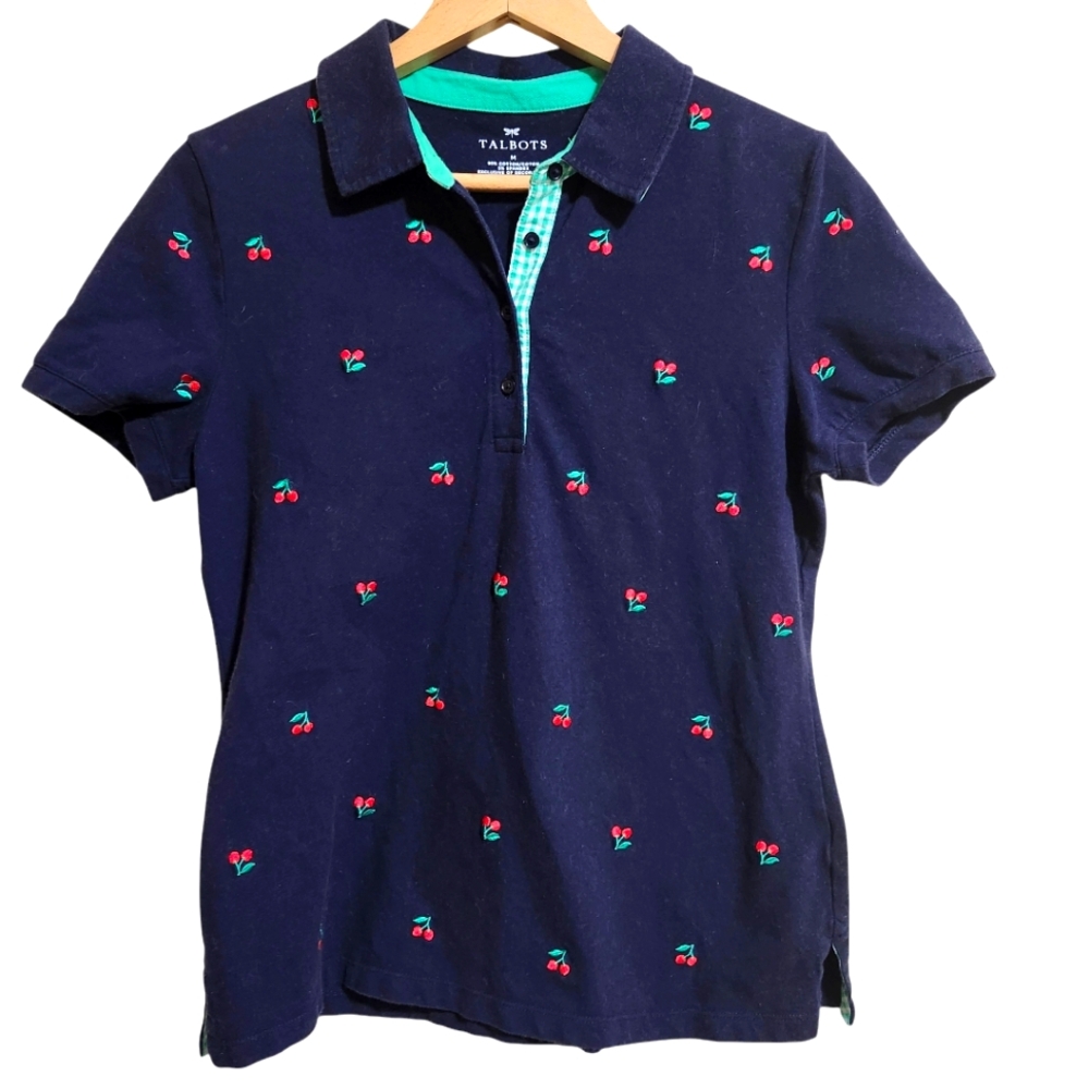 Talbots navy polo shirt allover embroidered cherries green plaid‎ accent medium